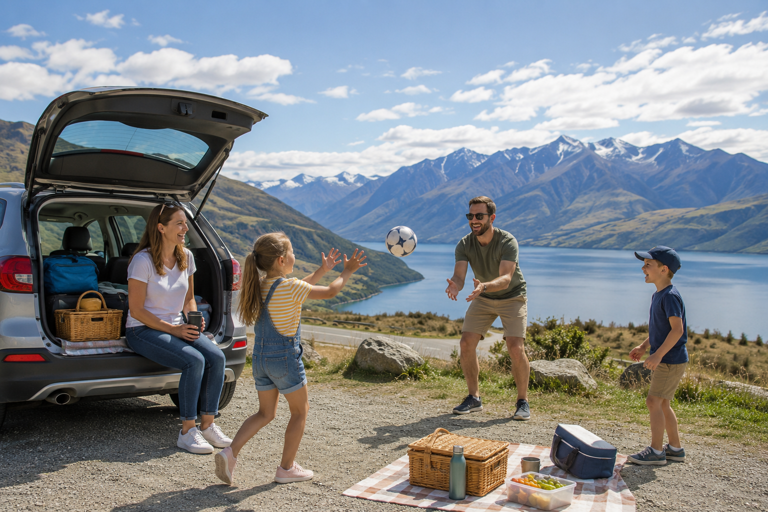 Family taking a fun roadside break during a road trip, playing together beside their car with mountains and a lake in the background.