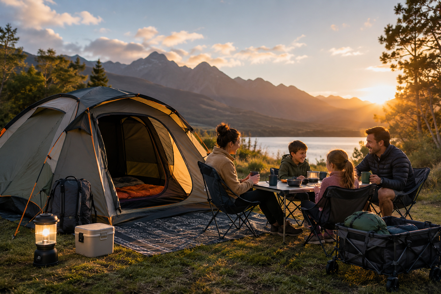 Family relaxing beside a spacious camping tent at sunset with mountains and a lake in the background, showing a family camping setup with outdoor gear and furniture.