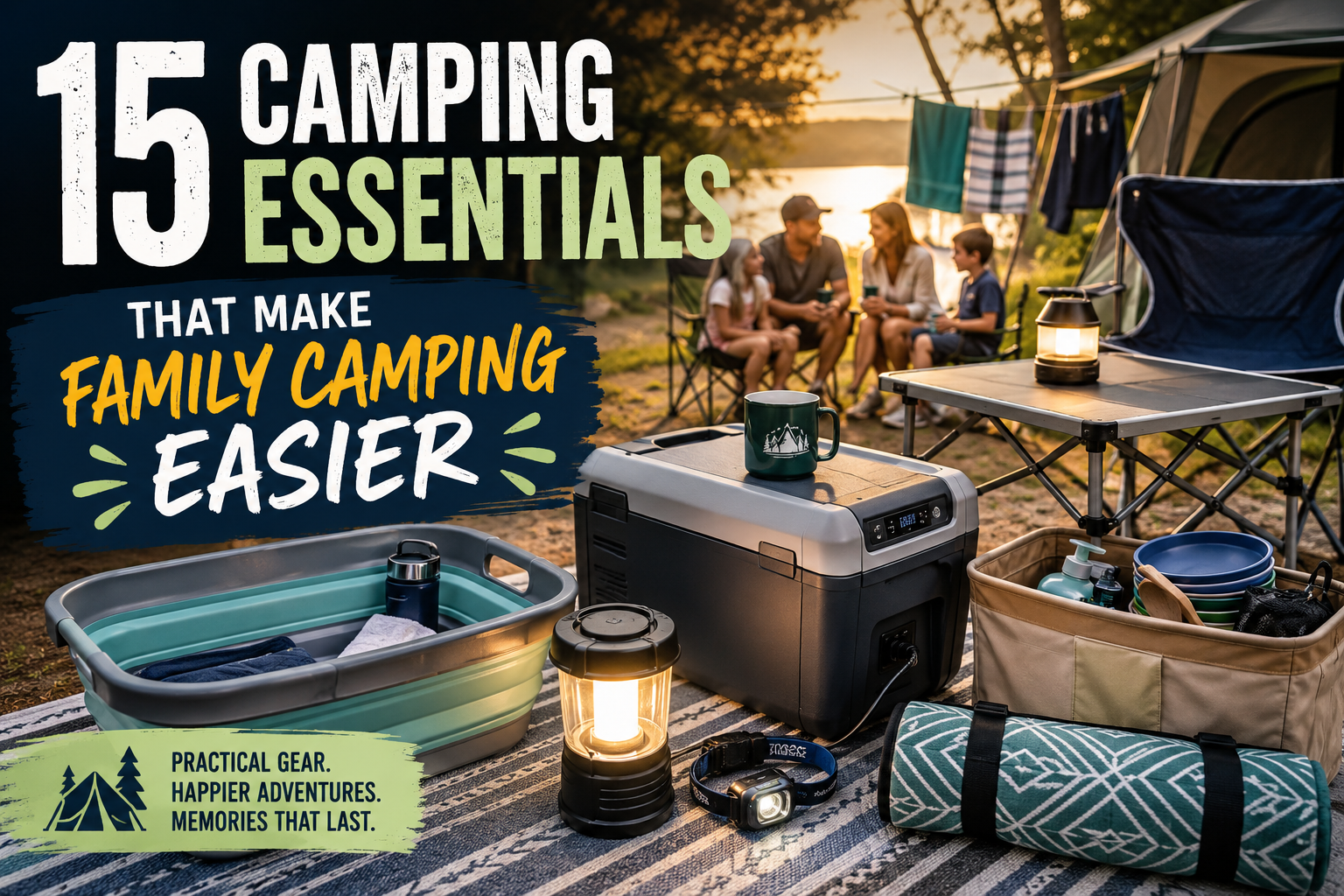 Family campsite with practical camping gear including a collapsible tub, portable fridge, camping lantern, folding table, picnic blanket and camping tent beside a lake at sunset.